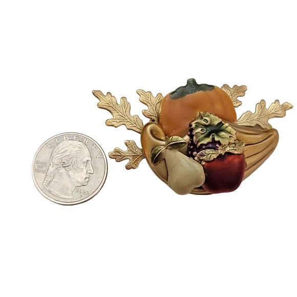 Gold Tone Red Orange Enamel Cornucopia Autumn Pumpkin Leaf Pin Brooch K121 - Picture 6 of 9